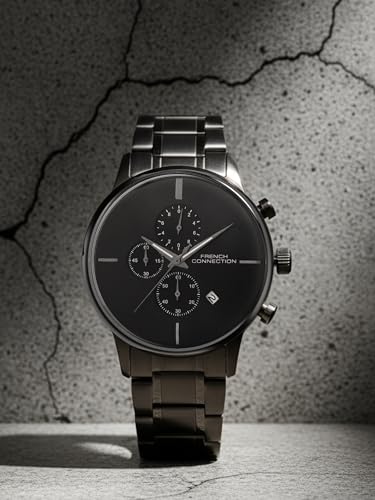 Image of French Connection Grey Embossed Round Dial | Gun Stainless Steel Mesh Strap Chronograph Watch for Mens FCO5GNM