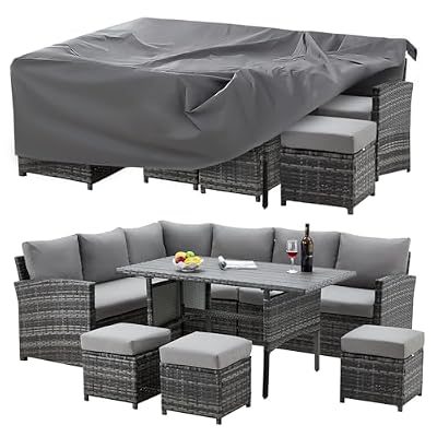 U-MAX 7 Pieces Patio Furniture Set with Waterproof Cover, Outdoor Sectional Sofa Conversation Set, All Weather Wicker Rattan Dining Table & Chair with Ottoman, Grey Rattan&Grey Cushion
