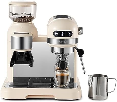 Neretva 20 Bar Espresso Coffee Machine with Grinder Steam Wand for Latte Espresso and Cappuccino, Compact Espresso Maker For Home Barista, 1350W Premium Italian High Pressure