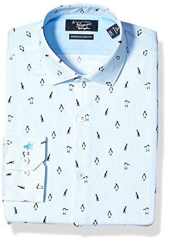 Original Penguin Men's Slim Fit Spread Collar Fashion Dress Shirt, Blue w/Penguin Print, 17.5 34/35