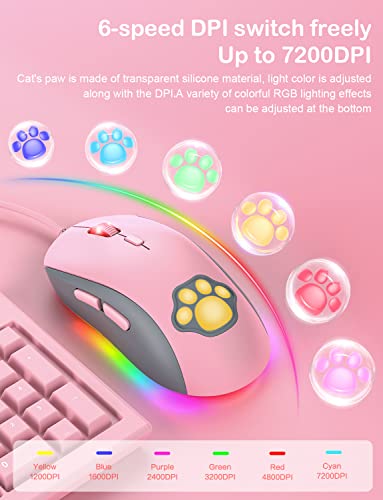 PHNIXGAM Cat Paw RGB Gaming Mouse, Silent Optical Computer Mice USB Wired with 6 Adjustable DPI Up to 7200, RGB Lighting, 6 Programmable Buttons for Windows/Vista/Linux (Pink) - Image 4