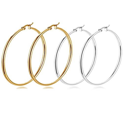 Uni-Fine 2Paires Anneaux Créoles avec Plaqué Or Argent, Boucles d'oreilles Grand Cerceau Rondes Boucles d'oreilles Créoles en Acier Inoxydable Polies Bijoux Cadeaux pour Femmes (70mm)