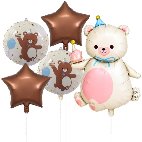 Image of Rozi Decoration Teddy Bear Foil Balloon Set with Star & Round Printed Balloons, 5 Pcs Birthday Decoration Kit for Kids Party, Baby Shower & First Birthday Celebration