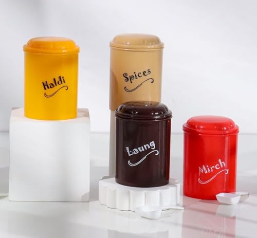 Image of E-COSMOS Set of 8 Plastic Spice Jars (300ml) BPA-Free Kitchen Storage Containers, Multi-Color Airtight Masala Box Set for Spices, Sugar, Haldi, and Mirch