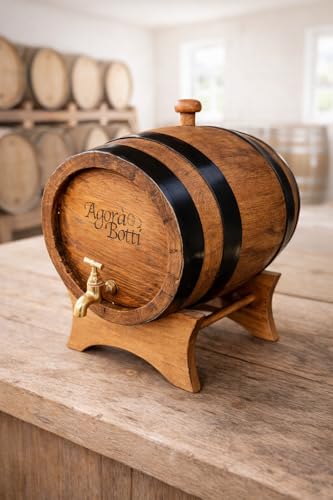 Agorà Botti Barril de roble de 5 litros, barnizado nogal oscuro con círculos negros, con soporte, tapón y grifo de latón