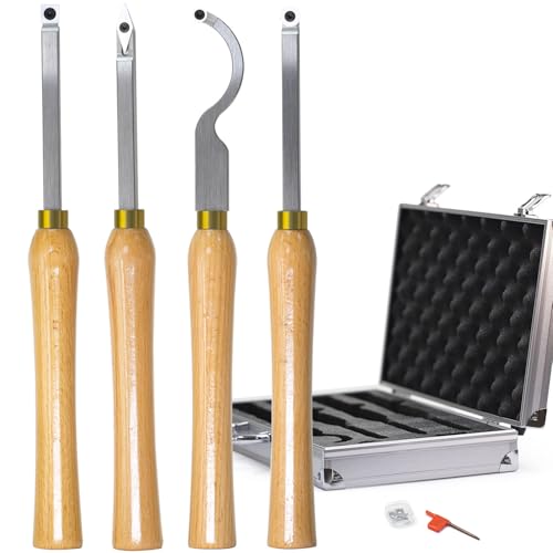 4pcs Mini Carbide Tipped Wood Lathe Turning tools Combo set Rougher Detailer Finisher Hollower with Wood Handle and Diamond Round Square Carbide Inserts