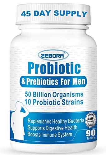 Probiotics for Men, Probiotics and Prebiotics for Digestive Health, 90 Tablets, 50 Billion CFUs for Immune/Prostate/Gut Health, 10 Strains, Hypoallergenic Probiotics, Shelf Stable, Gluten & Soy Free