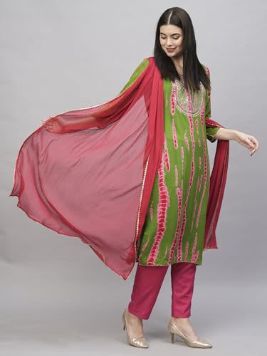 Image of GoSriKi Women's Rayon Blend Straight Printed Kurta with Pant & Dupatta