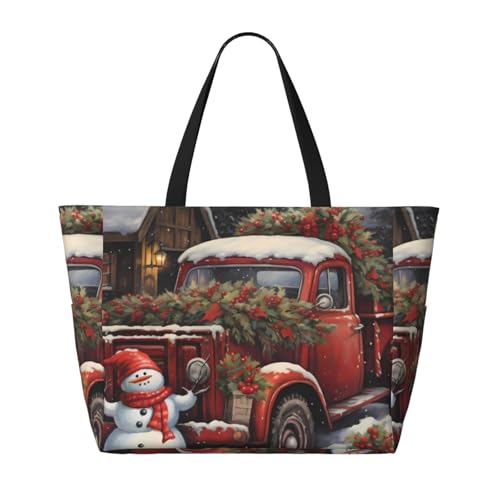 Red Truck Beach Bag Christmas Snowman Pool Bag for Women Waterproof Large Travel Tote with Zipper Organizer for Swimming Vacation Essentials2