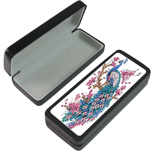 Image of 5D Diamond Painting Glasses Case for Adults, DIY Rhinestone Crystal Diamond Art Eyeglass Holder, Handmade Majestic Peacock Sunglass Storage Box, Elegant Travel Craft Gift