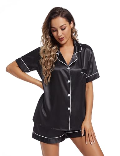 Image of Fivali Women Silk Satin Pajamas Set: Soft Short Sleeve 2 piece Pjs Ladies Button-down Pj Sets Silky Women's Sleepwear