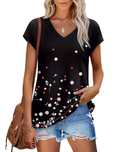 Tshirts Shirts for Women Floral Vacation Summer Tops 2026 Short Sleeve Blouses Print Black Floral S