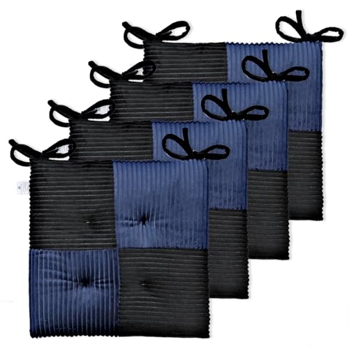 Zalvox Office Stacking Chair Cushions 4 Pack, Corduroy High Density Foam Kitchen Seat Cushions with Ties, Square 17" x 17" Indoor Non-Slip Dining Chair Pads, Black+ Navy，4pcs