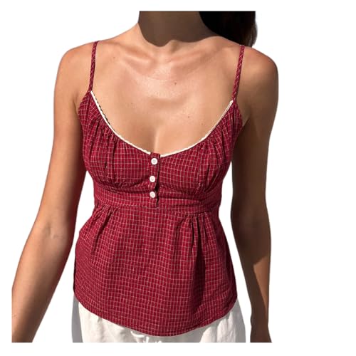 Women Floral Print Cami Top Y2k Spaghetti Strap Lace Camisole Fairy Grunge Scoop Neck Button Down Tie Back Tank Top