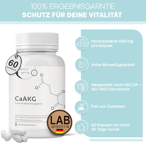 Nature spring® CaAKG | Calcium-Alphaketoglutarat | Laborgeprüft in DE | 60 Kapseln | hochdosiert | 1000 mg | CaAKG in bester Qualität ohne Zusatzstoffe
