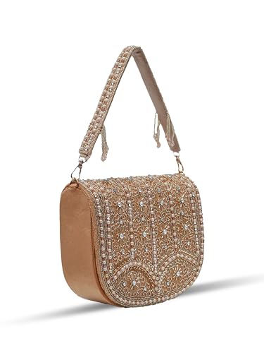 Image of THE TAN CLAN Kavya Beige Flap Over Bag Clutch Purses Luxury Evening Handbags with Handle
