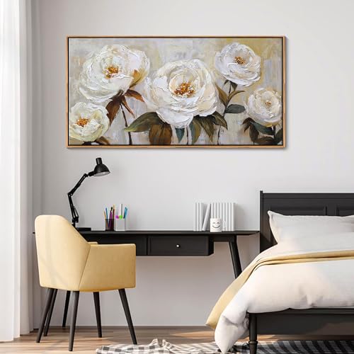 Image of Flower Canvas Wall Art Textured Floral Picture Wall Decor White Large Elegant Painting for Living Room Modern Artwork for Home Decor Pictures for Bedroom Wall Decor 20x40IN