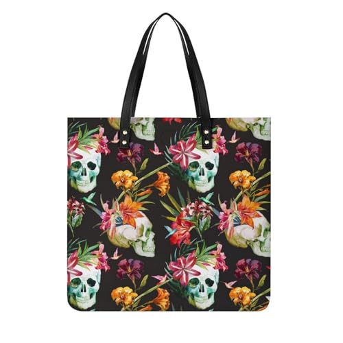 Sac à bandoulière crâne fleurs grand sac à main shopper femme voyage 39x39cm