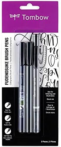 Tombow 62039 Fudenosuke Brush Pens, 3-Pack. Soft, Hard, and Twin Tip Markers for Calligraphy and Art Drawings
