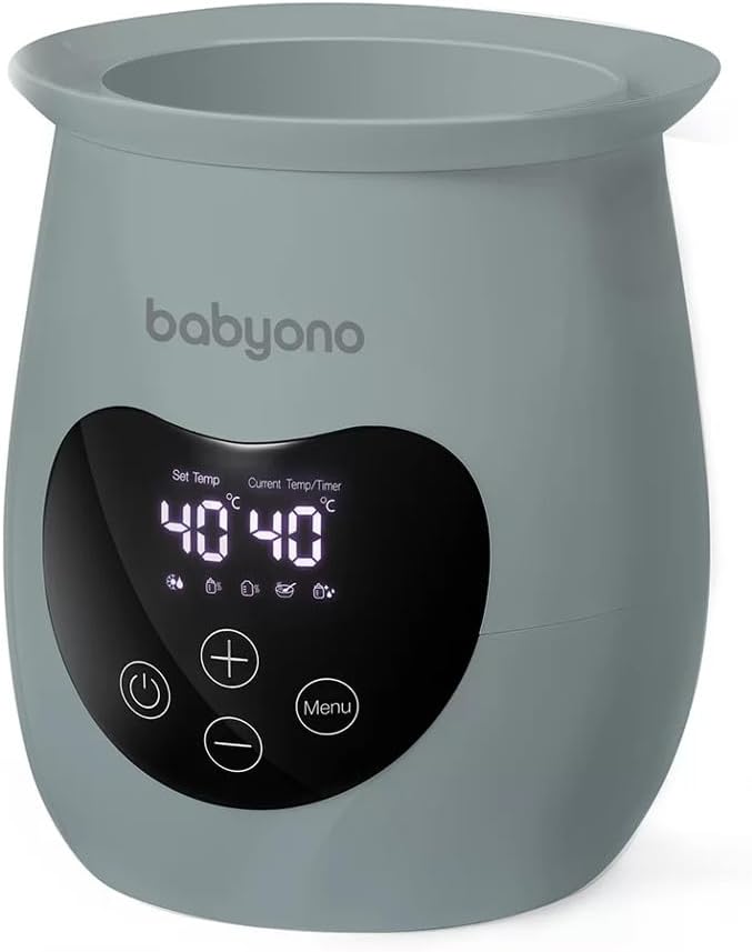 Babyono Honey Grey Digital Bottle Warmer and Sterilizer, angled view showing the side profile and digital display.