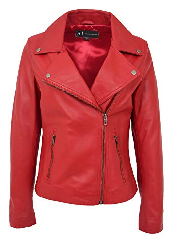 Femmes Cuir Véritable Veste de Motard Rouge Designer Aménagée Fermeture éclair Manteau Myla (XXXL - EU 46)