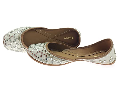 Image of Fulkari Women's Mirror Genuine Soft Leather Juttis | Bite and Pinch Free Jutis | Ladies Punjabi Jutti | Wedding Flat Stylish Mojari | Phulkari Ethnic Flats For Girls |
