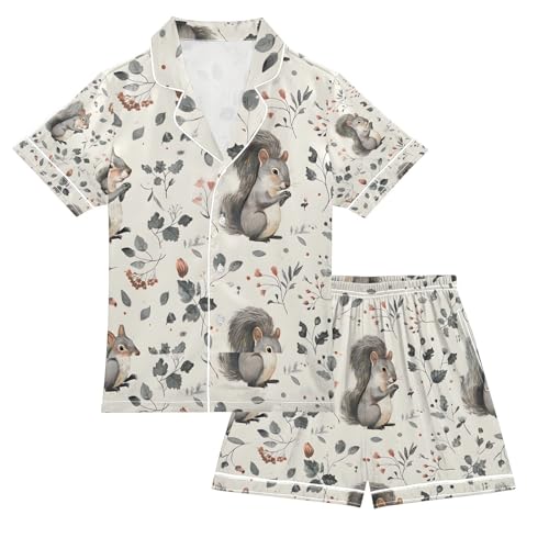 senya Squirrel on Flower Satin Summer Pajama Sets Silk Short Sleeve Button Down Sleepwear
