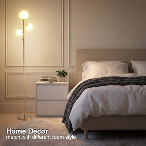 Image of Fiqevs Mid Century Modern 3 Globe Tree Floor Lamp - Dimmable LED Standing Lamp with Bulbs, Warm Light for Living Room Bedroom Office - Antique Brass /Gold