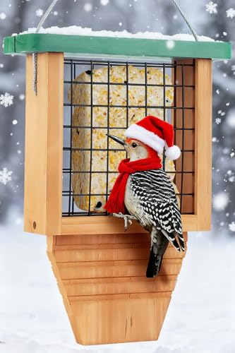 Gbekery Wooden Suet Bird Feeder for Outside Hanging, Woodpecker Suet Feeder with Tail Prop, Hanging Bird Feeder for Wild Birds, 1 Pack, Green