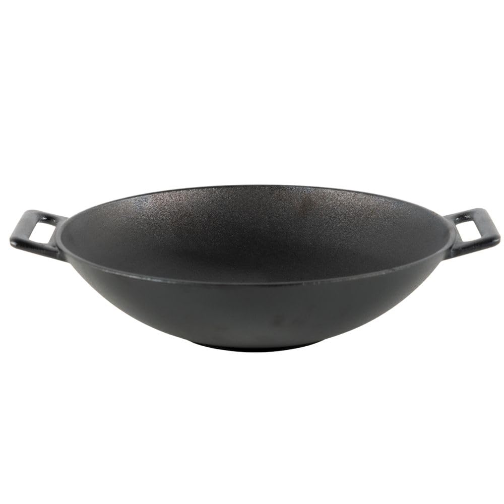 Wok Antiadherente in Ghisa Smaltato Nero 31 cm. Padella Wok Cucina Orientale. Idonea per Piani Cottura a Induzione Elettrico Gas e Forno