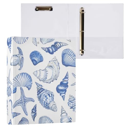 Image of Blue Seashells Ocean Nautical Coastal 3 Ring Binder with 2 Interior Pockets 1.5 inch Binders 3 Ring Heavy Duty Fit 8.5 inch x 11 inch Letter Size for Office School, 2 Pack