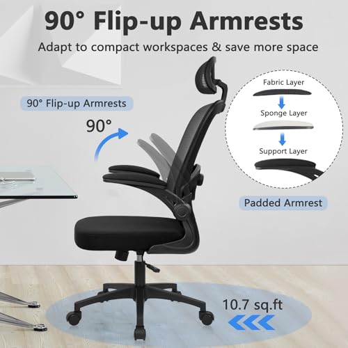 Image of KLASIKA Desk Chairs with Wheels, Ergonomic Mesh Back Home Office Chair with Headrest, Adjustable Lumbar Support Swivel Rolling Computer Chairs with Flip Up Arms for Conference Meeting Room, Black, 8PK