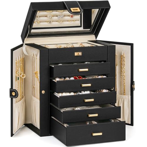 AKOZLIN 6-Tier Jewelry Box Organizer Functional 5 Drawers Leather Jewelry Storage Case for Women Girls Ring Necklace Earring Bracelet Holder Organizer with Mirror Black