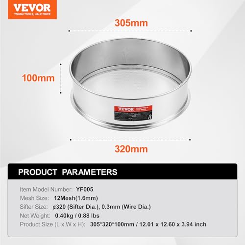 VEVOR Flour Sieve, 12 Mesh Sifter, 304 Stainless Steel Food-grade Fine Mesh Strainer, Dia. 12.6" for Baking, 5 Sizes Mesh Hole for Mungbean, Rice, Pearl Powder