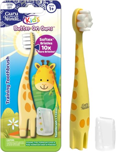Image of GuruNanda Kids Butter On Gums Cute Giraffe Toothbrush with Tongue Scraper & Cover - Super Soft Bristles for Gentle Cleaning -Ergonomic Handle (Age 1+) (Pack of 6)