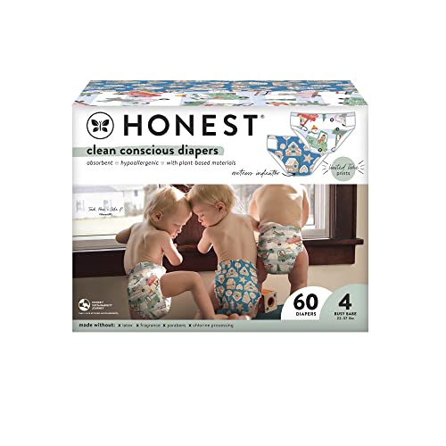 Image of The Honest Company Comfort Dry Disposable Diapers Plant-Based Sustainable Holiday '22 Prints Club Box Size 4 22-37 lbs 60 Count