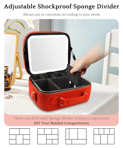 Image of MOMIRA Travel Makeup Bag Cosmetic Bag with Lighted Mirror, Adjustable Brightness in 3 Color Scenarios /Detachable makeup mirror, All-round Upgrade, Waterproof, Gift for Women -Orange
