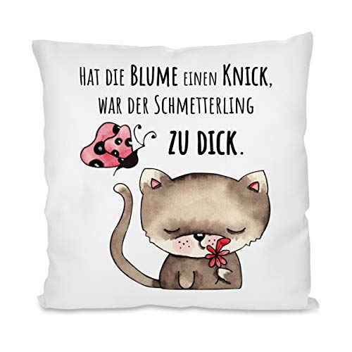 Herzbotschaft Kissen mit Motiv Modell: Hat die Blume einen Knick, war der Schmetterling zu dick.