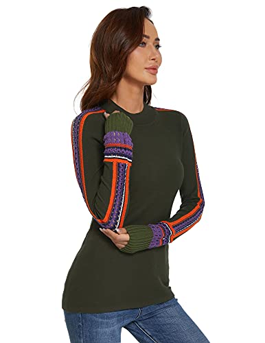 Amélieboutik Women Mock Neck Fair Isle Trim Long Sleeve Pullover Knit Sweater (Dark Olive Green Medium) #TOP2