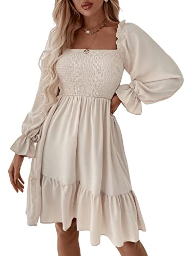 GORGLITTER Women's Long Sleeve Ruffle Mini Dress Square Neck Flowy A Line Smocked Dresses Khaki Large