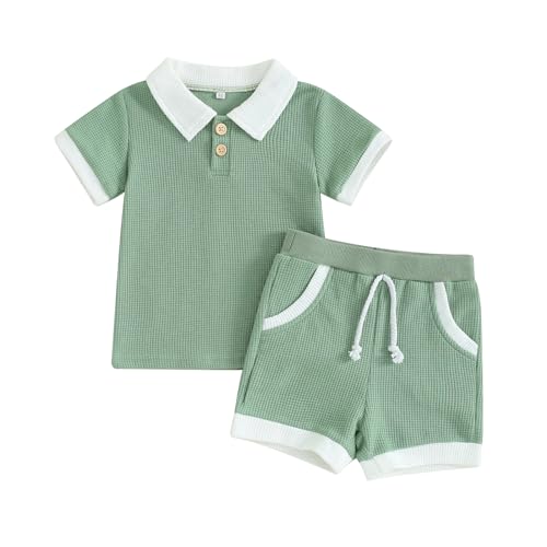 Image of Kuriozud Newborn Baby Boy Summer Clothes Button Short Sleeve Romper Bodysuit Shorts Set Infant Soft Waffle Outfit