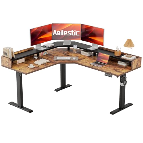 Image of Agilestic L Shaped Standing Desk, Adjustable Height Corner Gaming Desk with Shelf, Sit Stand Up Desk, 63 x 55 Inch Home Office Computer Table, Rustic Brown
