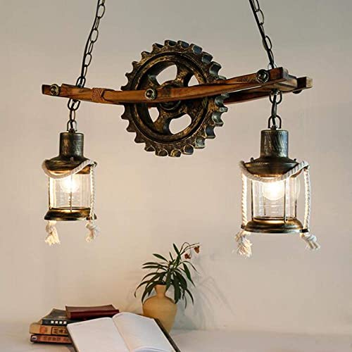 Vintage Gear Pendelleuchte Industrielle Loft Hängeleuchte Holz Dekorativer Hängelampe Metall Höhenverstellbar E27 Retro Kronleuchter Für Küche Esszimmer Bar Restaurant Wohnzimmer Café Ohne Birne Cover