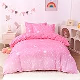 JSD Pink Stars Kids Duvet Cover Set Twin Size, 2 Piece Girls Space Theme Microfiber Comforter Cover with Pillow Sham Zipper Closure, Comforter Not Included