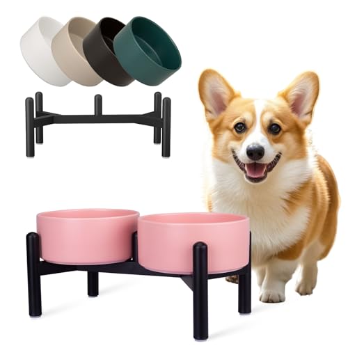 Futternapf Hund Erhöht Hundenapf Set - Doppelte Fressnapf Keramik mit Edelstahlständer - Ideal für Kleine und Mittelgroße Hunde - 850 ml x 2 - Rosa