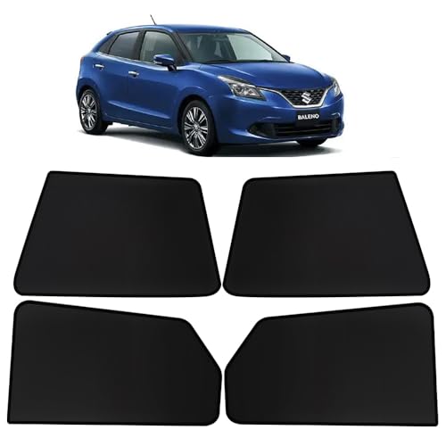 Image of OTO2EYE Car Sun Shade Compatible for Maruti Suzuki Baleno Model 2015 to 2018, Z-Black Fix Type Side Window Curtains, Only Half Cut in Front Window, 4 Pieces Set