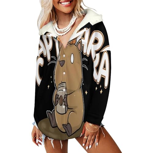 Manteaux Polaire pour Femme Capybaras Mignons : Veste en Peluche avec Capuche Ample