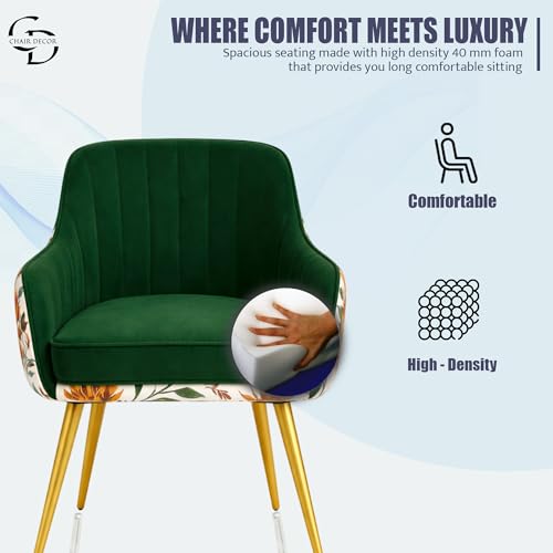 Image of Velvet Accent Chair | Luxury Upholstered Armchair with Sturdy Metal Legs | Modern Comfortable Chair for Living Room, Bedroom, Office, or Cafe (Golden Legs, Green Floral)