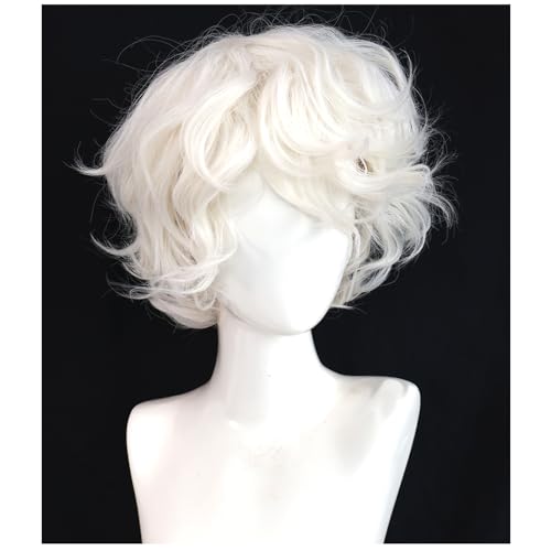 HUNIGIR Mens White Curly Wig Short Fluffy Male Cream White Wig Heat Resistant Synthetic Hair for Halloween Cosplay Anime Party