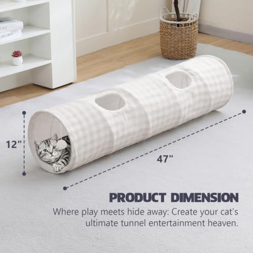 Image of Straight Bubble Cat Tunnel for Indoor Cats 47 inchx12 inch, Cream White | Cute Cat Toys, Collapsible Tunnel Tube with Hanging Balls for Puppy Kitten Rabbit